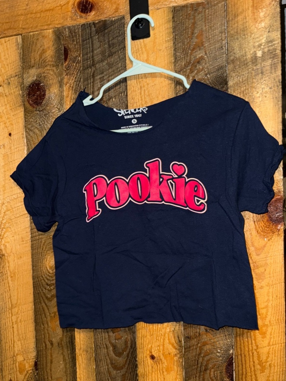 Spencer's Navy Crop Top with Bright Pink "Pookie" Graphic